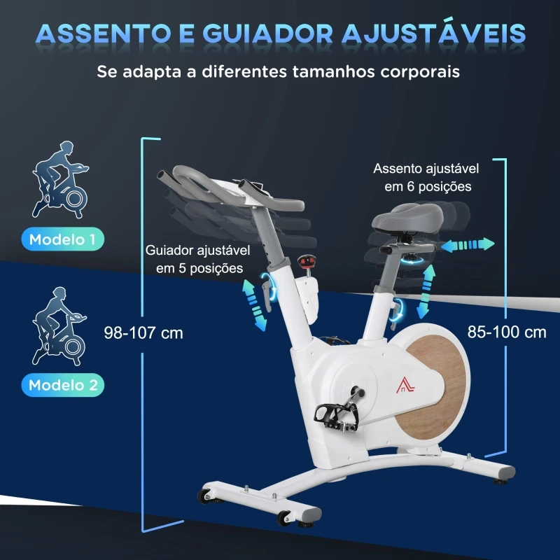 HOMCOM Bicicleta Estática com Volante de Inércia de 8 kg Bicicleta Estática com Assento e Guiador Ajustáveis em Altura Tela LCD Pulsômetro e Rodas para Casa 125x50x98-107cm Branco