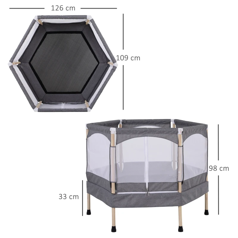 HOMCOM Cama Elástica para Niños de 3 Años Trampolín Infantil con Red de Seguridad para Interior Carga 80 kg 126x109x98 cm Gris