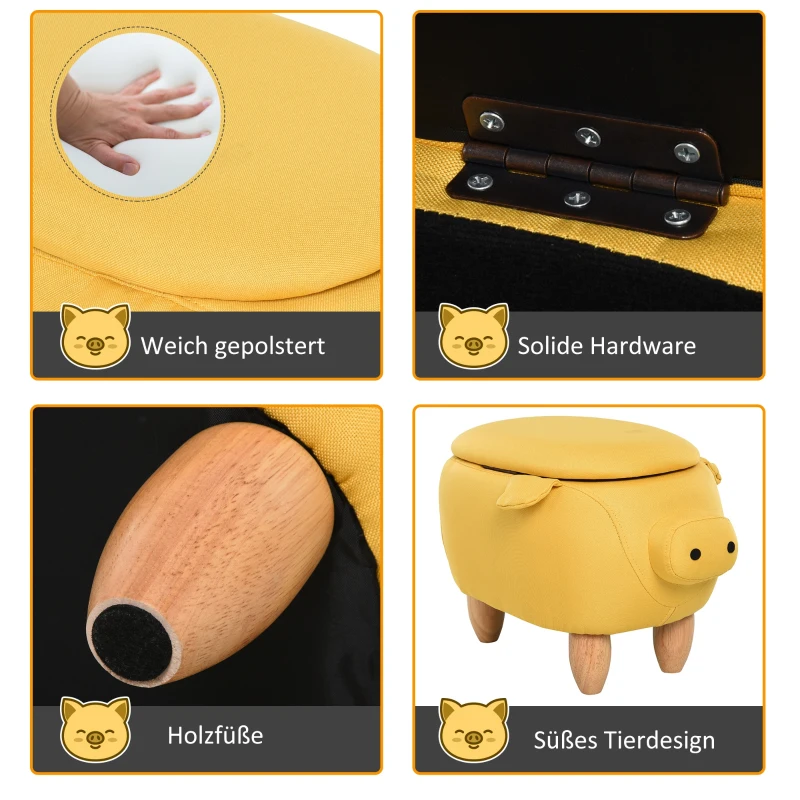 HOMCOM Dierenkruk decoratieve kruk poef met opbergruimte krukje varken geel