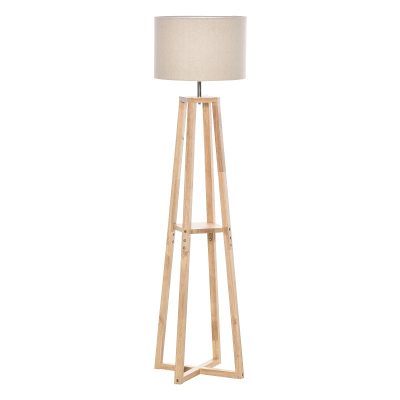 HOMCOM vloerlamp vloerlamp met plank pedaalschakelaar modern en beknopt voor woonkamer slaapkamer kantoor metaal linnen rubberhout crèmewit + natuurlijk hout 40 x 40 x 149 cm