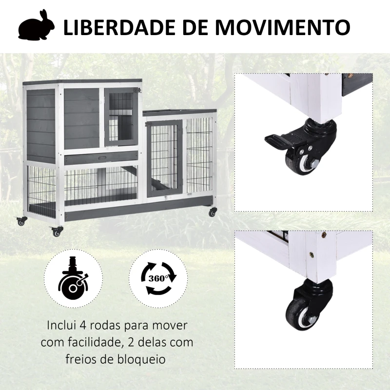PawHut Coelheira de Madeira Interior com Rodas Gaiola para Coelhos Animais Pequenos de 2 Pisos com Zona Aberta Rampa e 2 Bandejas Removíveis 110x50x86cm Cinza