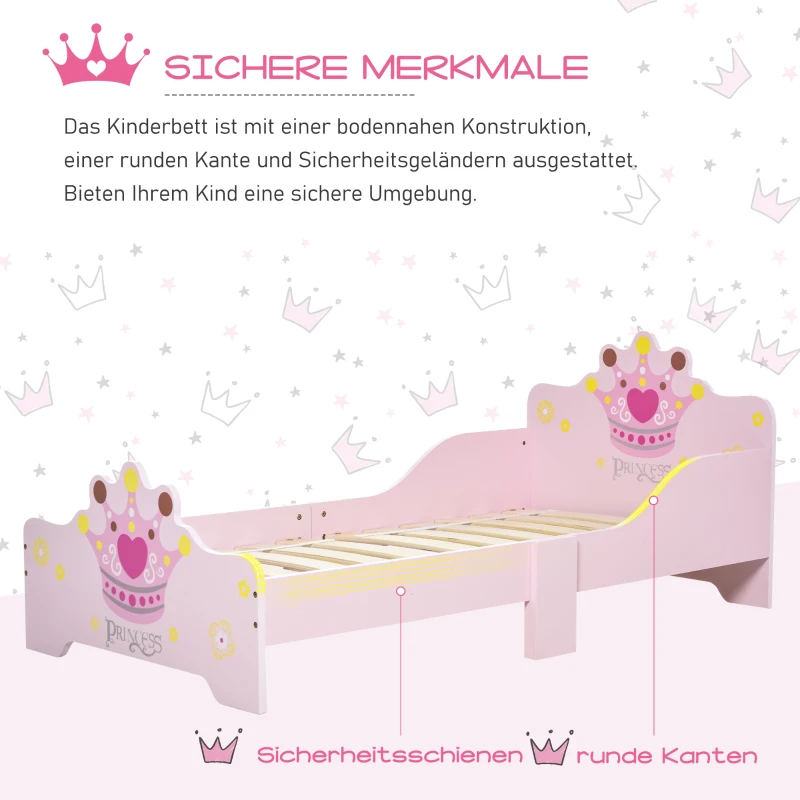 HOMCOM Kinderbett mit Prinzessinnen-Motiv mit Rausfallschutz für 3–6 Jahre, Mädchenbett, Holzbett für Kinderzimmer, Pappelholz, 143 x 73 x 60 cm