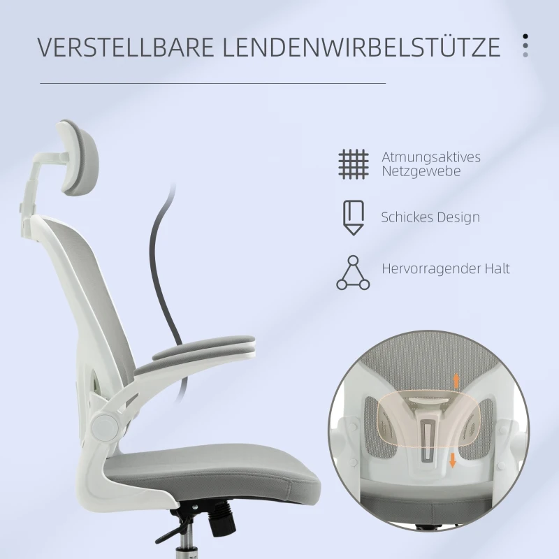 Vinsetto kantoorstoel ergonomische bureaustoel met kantelfunctie hoge rugleuning lendensteun hoofdsteun opklapbare armsteun kantoor aan huis grijs 65 x 64 x 114-122 cm