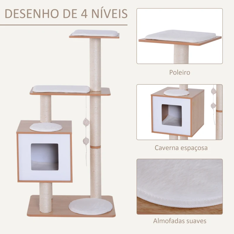 PawHut Árvore Arranhadora para Gatos de Madeira 71,5x49,5x120cm Torre para Gatos com Caverna Plataformas Postes Arranhadores de Sisal Almofadas de Pelúcia Suave e Bolas Suspensas Natural