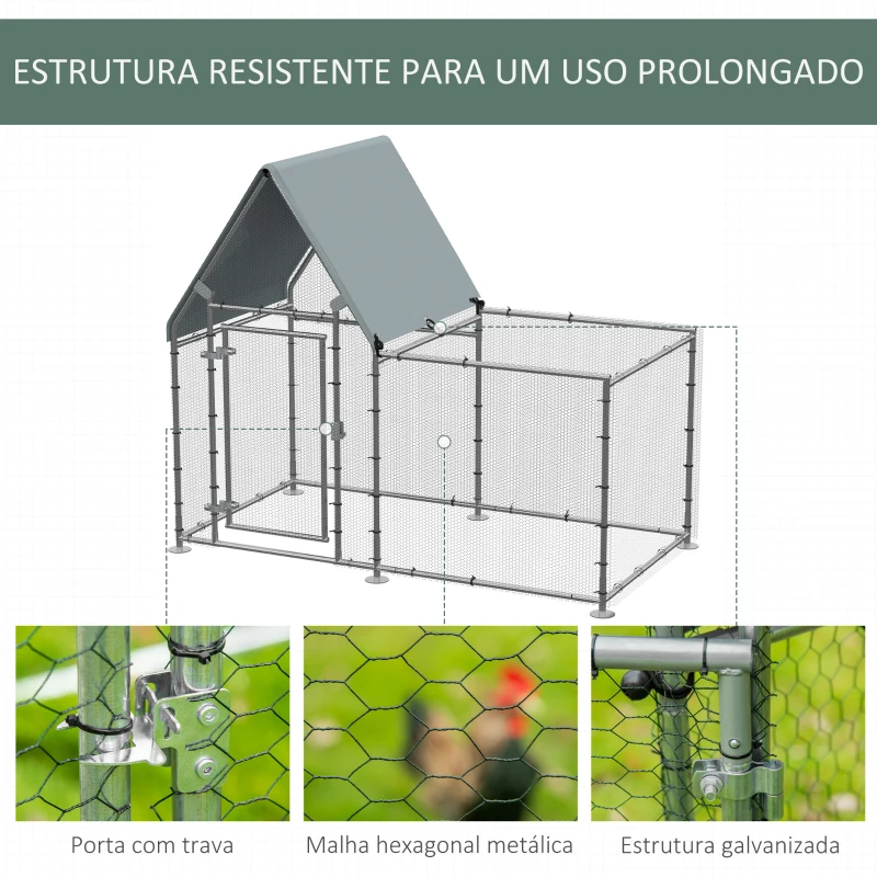 PawHut Galinheiro de Exterior Grande 200x105x172cm com Teto de Tecido de Oxford Gaiola de Aço Galvanizado para Galinhas Coelhos com Fechadura Prata