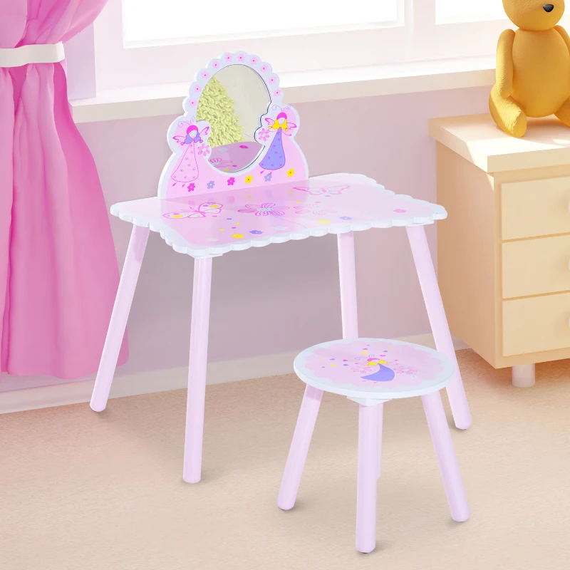 HomCom® Tocador Maquillaje para Niños con Espejo y Taburete Madera Rosa