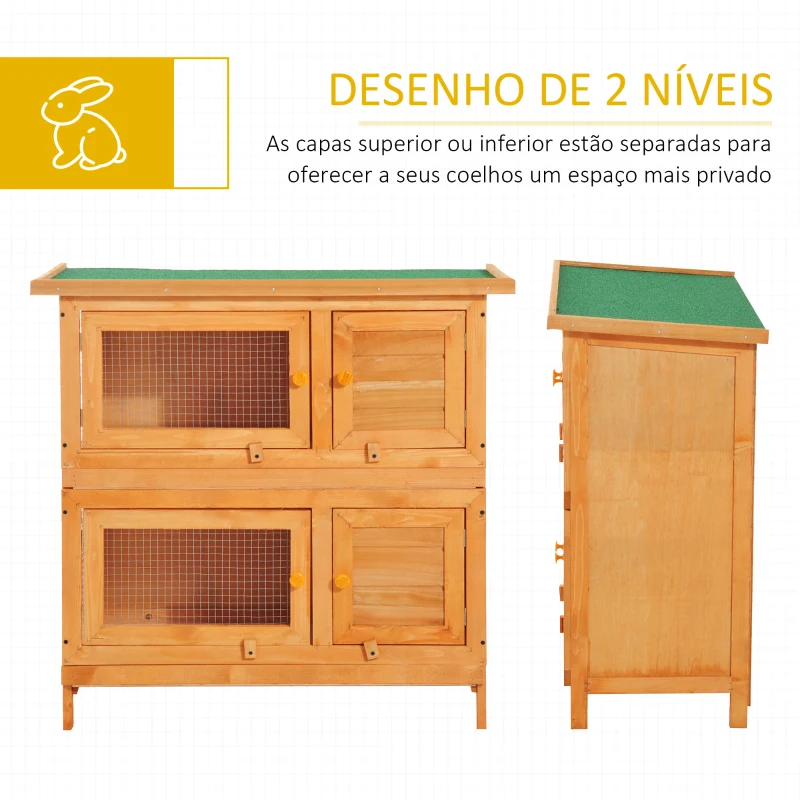 PawHut Coelheira de Madeira Exterior de 2 Níveis Gaiola para 1-2 Coelhos Animais Pequenos com Teto Asfáltico Dobrável e 2 Bandejas Removíveis 90x45x90cm Madeira