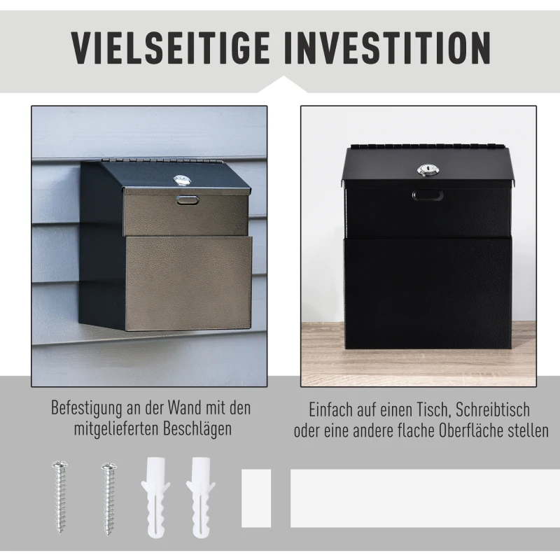 HOMCOM Ideeënbus donatiebox voor wandmontage gemaakt van staal brievenbus met slot zwart