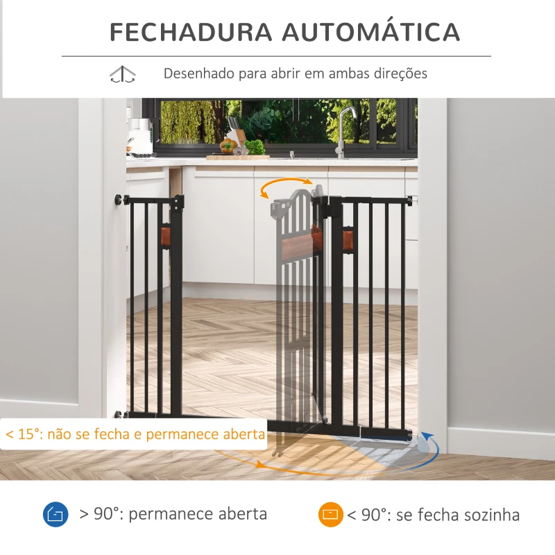 PawHut Barreira de Segurança para Cães Extensível para Portas Escadas 74-105cm com 2 Extensões de 10 e 15cm com 2 Portas e Fechadura Automática Aço Preto