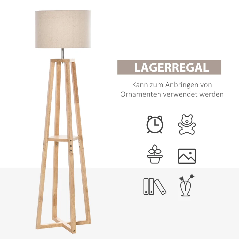 HOMCOM vloerlamp vloerlamp met plank pedaalschakelaar modern en beknopt voor woonkamer slaapkamer kantoor metaal linnen rubberhout crèmewit + natuurlijk hout 40 x 40 x 149 cm