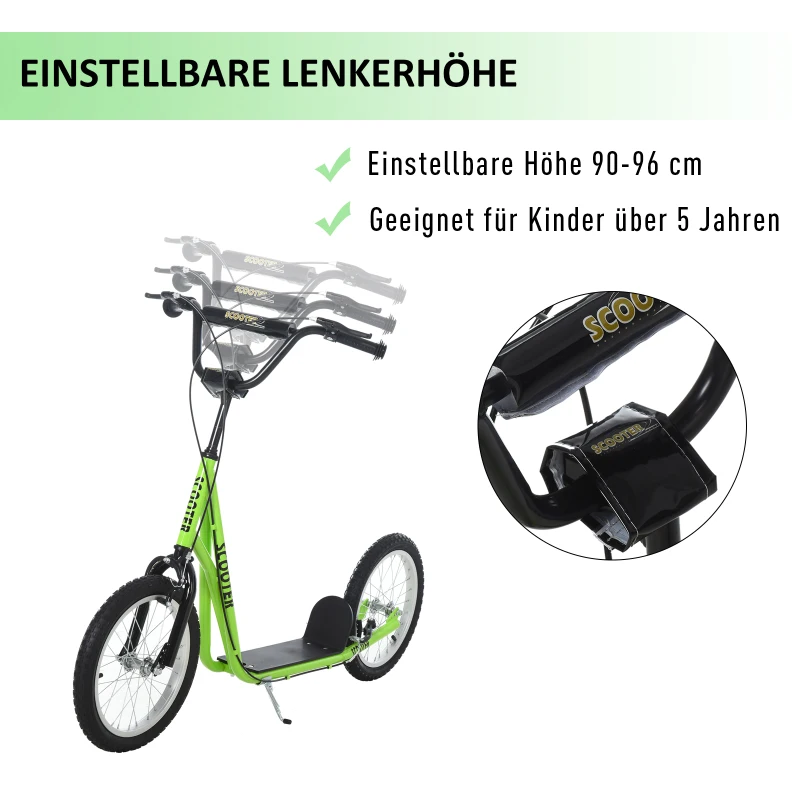 HOMCOM Kinderstep 5 Jaar, Verstelbare Kinderscooter Met Luchtbanden, Groente(m-4)