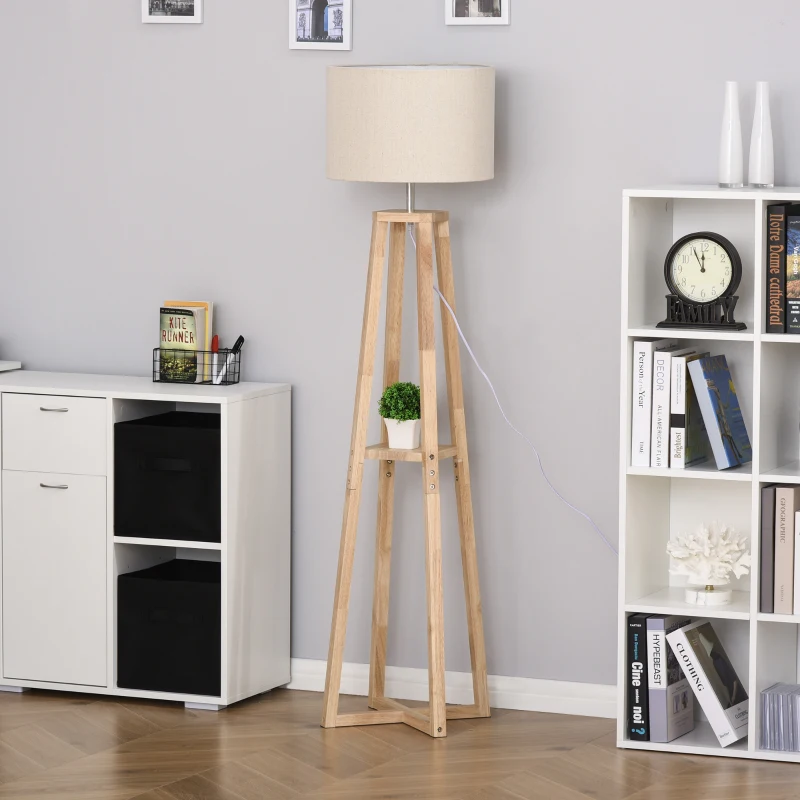 HOMCOM vloerlamp vloerlamp met plank pedaalschakelaar modern en beknopt voor woonkamer slaapkamer kantoor metaal linnen rubberhout crèmewit + natuurlijk hout 40 x 40 x 149 cm