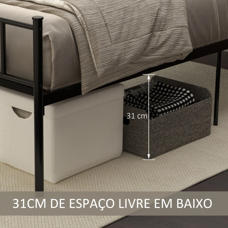 HOMCOM Estrutura de Cama Individual de Metal 31cm para Colchão 90x190cm com Cabeceira com Forma de Coração Estrutura de Cama com Espaço em Baixo de Armazenamento 95x196x100cm Preto
