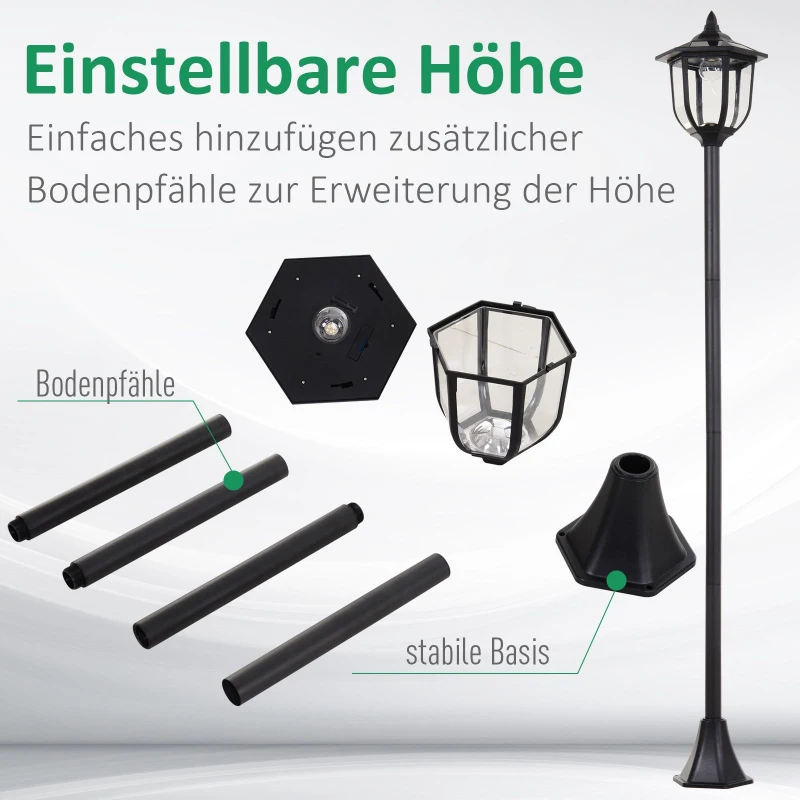Outsunny Solar LED tuinlantaarn, lantaarn, tuinlamp, 30/60 lumen, roestvrij staal, zwart Ø 26,5 x 177 H cm