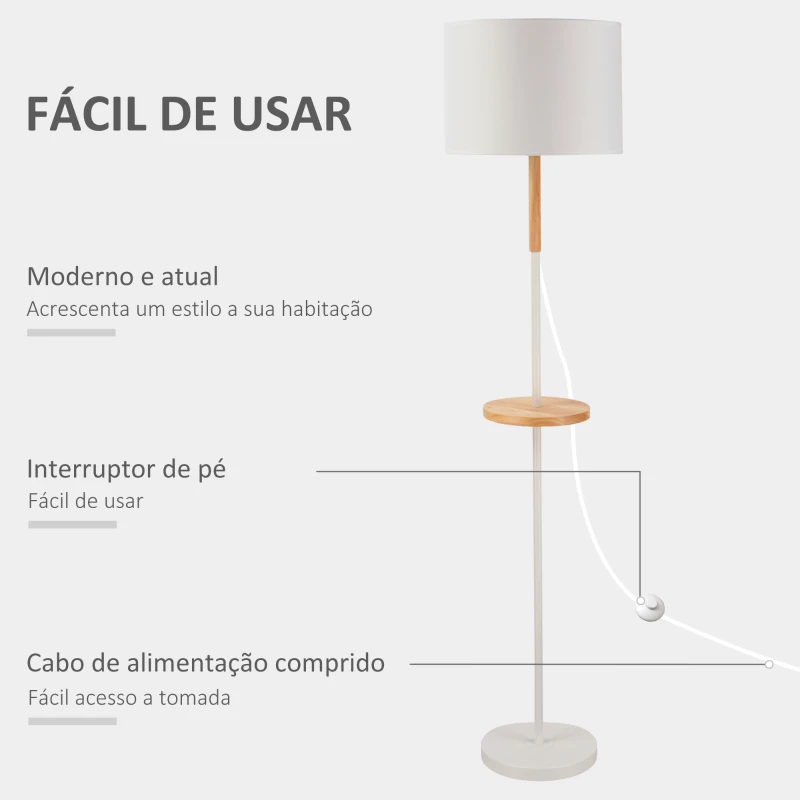 HOMCOM Candeeiro de Pé com Prateleira de Madeira Ecrã de Tecido Suporte para Lâmpada E27 Máx. 40W com Interruptor de Pé Moderno para Sala de Estar Dormitório Estúdio Ø35x155cm Branco