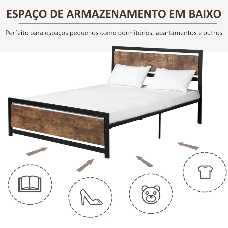 HOMCOM Estrutura de Cama Dupla de Metal 31cm para Colchão 150x200cm com Cabeceira de Madeira Estrutura de Cama com Espaço em Baixo de Armazenamento 160x208x103cm Preto e Marrom Rústico