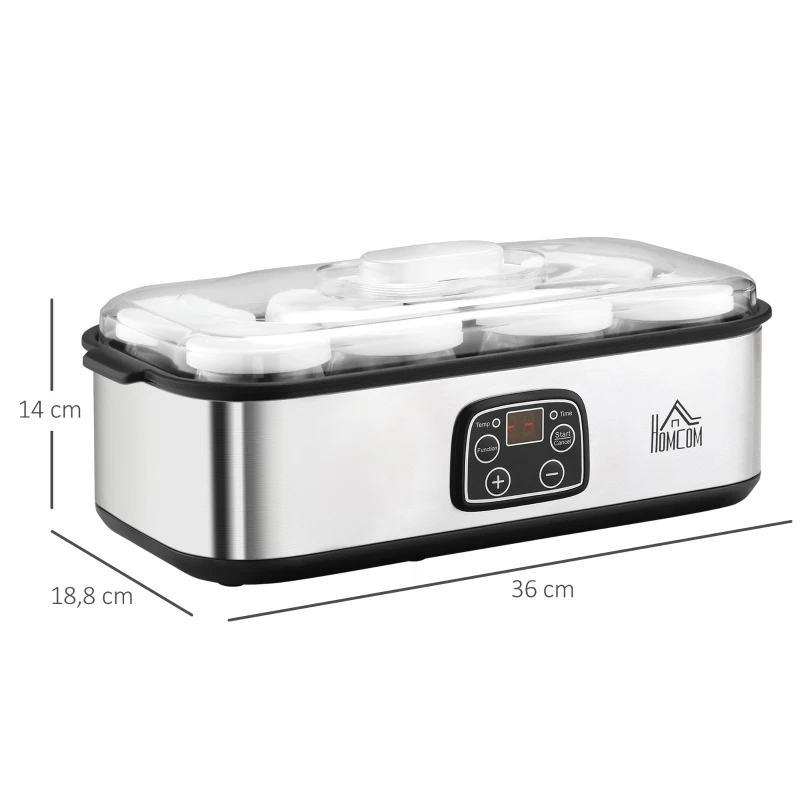 HOMCOM yoghurtmaker, digitaal display 8 yoghurtpotten met glazen deksel, 180 ml, instelbare temperatuur en tijd, 36 x 18,8 x 14 cm(m-3)
