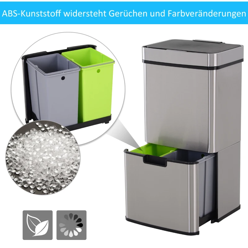 HOMCOM Afvalbak afvalscheidingssysteem prullenbak met sensor 72 L 3 vakken rvs zilver