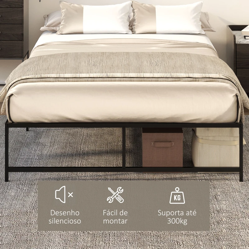 HOMCOM Estrutura de Cama Dupla de Metal para Colchão 135x190cm com Pés de 35cm Estrutura de Cama de Casal com Espaço em Baixo de Armazenamento 141,5x195x35cm Preto