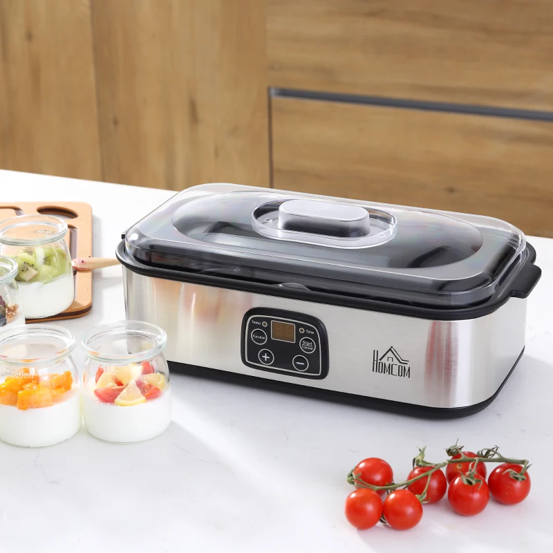 HOMCOM yoghurtmaker, digitaal display 8 yoghurtpotten met glazen deksel, 180 ml, instelbare temperatuur en tijd, 36 x 18,8 x 14 cm(m-8)