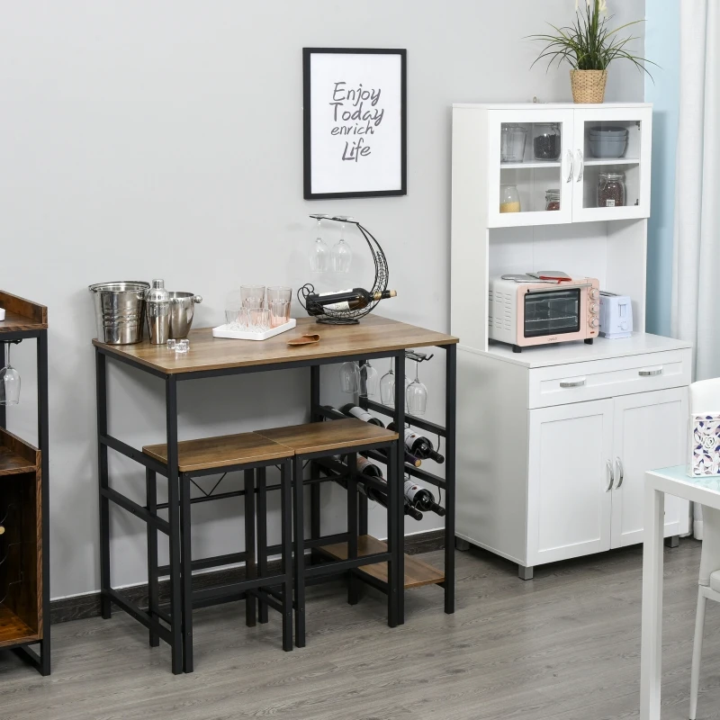 HOMCOM Bartafelset statafel met 2 barkrukken aanrecht met stalen flessenhouder