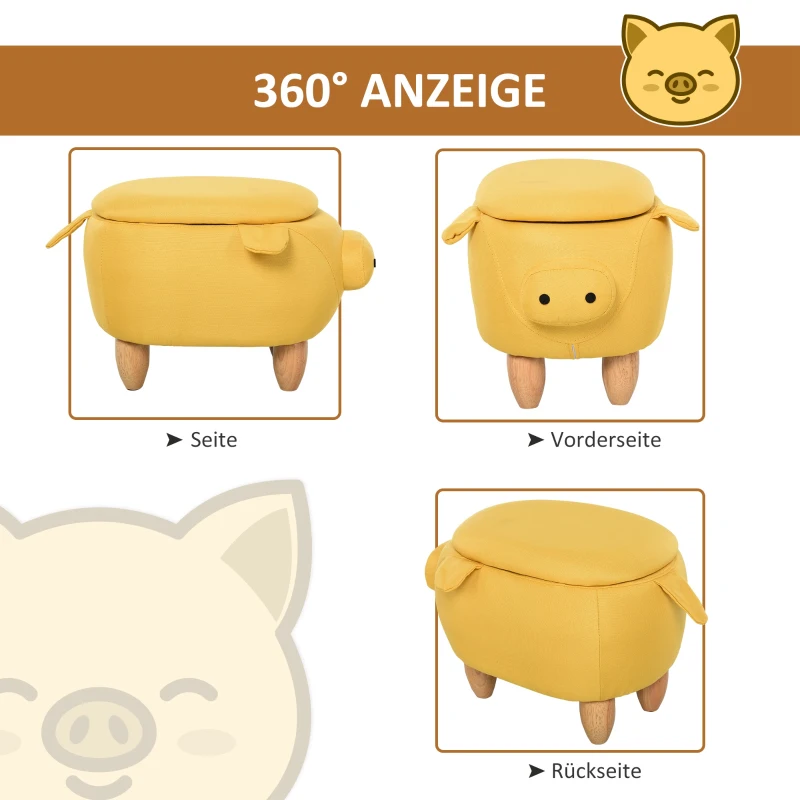 HOMCOM Dierenkruk decoratieve kruk poef met opbergruimte krukje varken geel