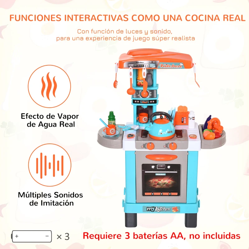 HOMCOM Cocina de Juguetes para Niños Mayores de 3 Años con 33 Accesorios Juegos de Rol Luces y Sonidos Educativo 64x29x87 cm Azul