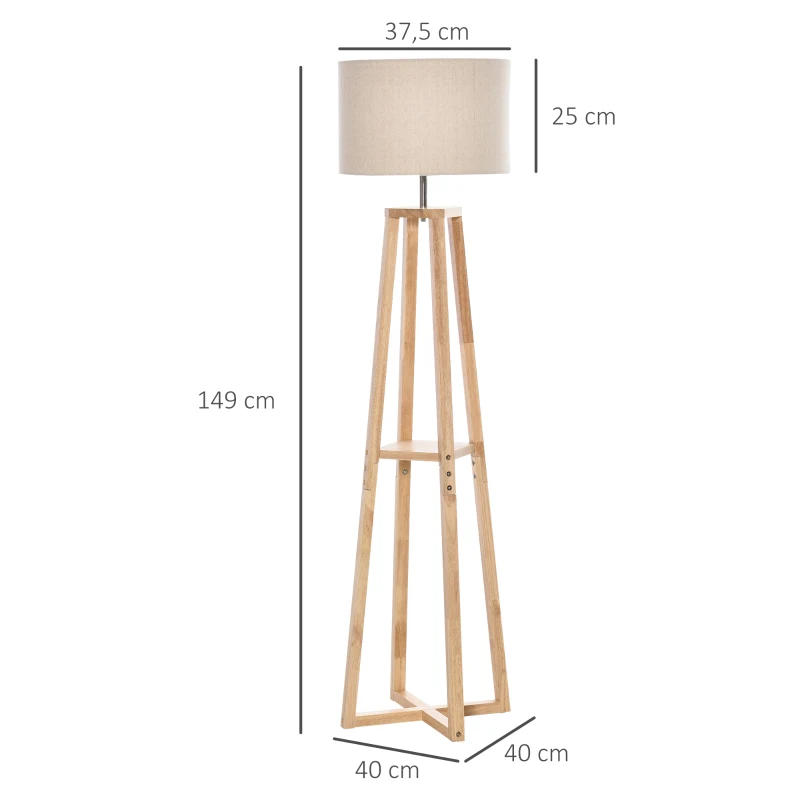 HOMCOM vloerlamp vloerlamp met plank pedaalschakelaar modern en beknopt voor woonkamer slaapkamer kantoor metaal linnen rubberhout crèmewit + natuurlijk hout 40 x 40 x 149 cm