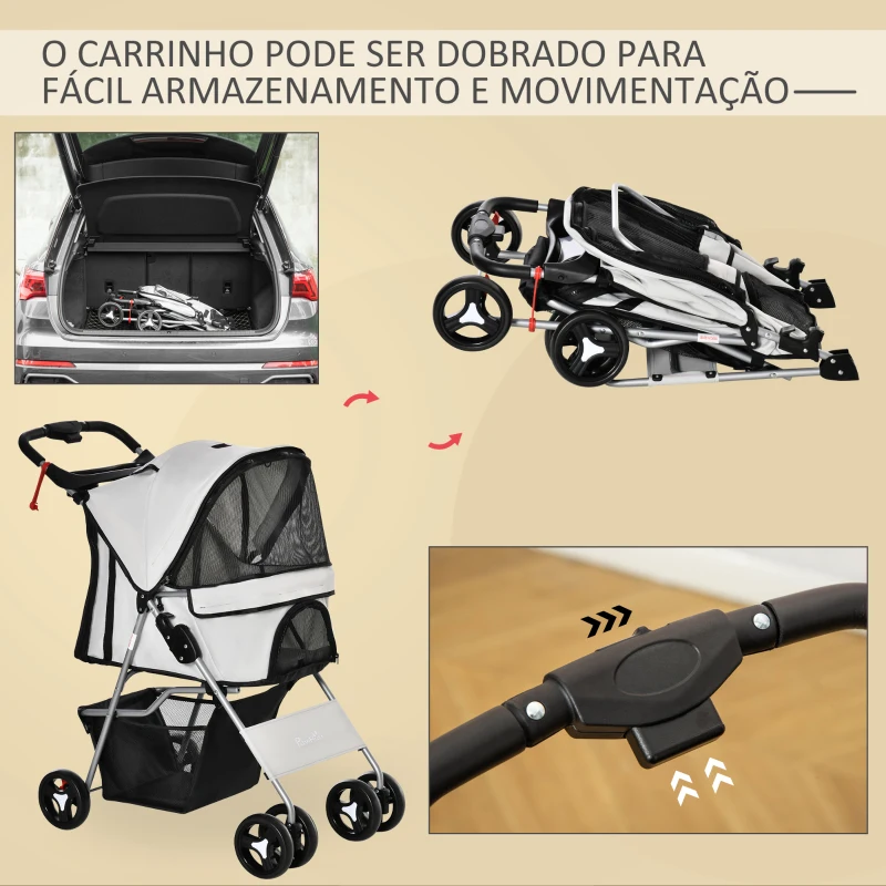 PawHut Carrinho para Animais de Estimação Dobrável para Cães com Capô Ajustável Cesta de Armazenamento e Rodas com Freio Tecido Oxford Estrutura de Aço 74x46x94cm Cinza