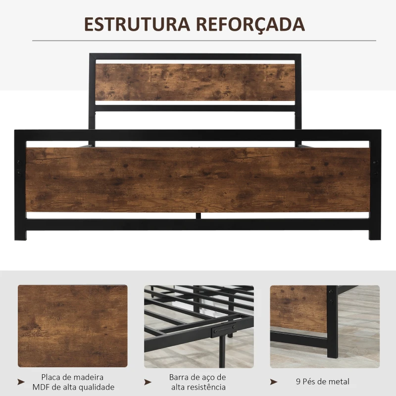 HOMCOM Estrutura de Cama Dupla de Metal 31cm para Colchão 150x200cm com Cabeceira de Madeira Estrutura de Cama com Espaço em Baixo de Armazenamento 160x208x103cm Preto e Marrom Rústico