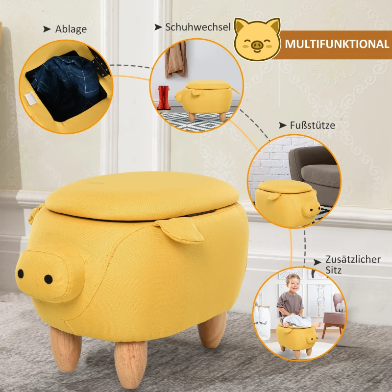 HOMCOM Dierenkruk decoratieve kruk poef met opbergruimte krukje varken geel