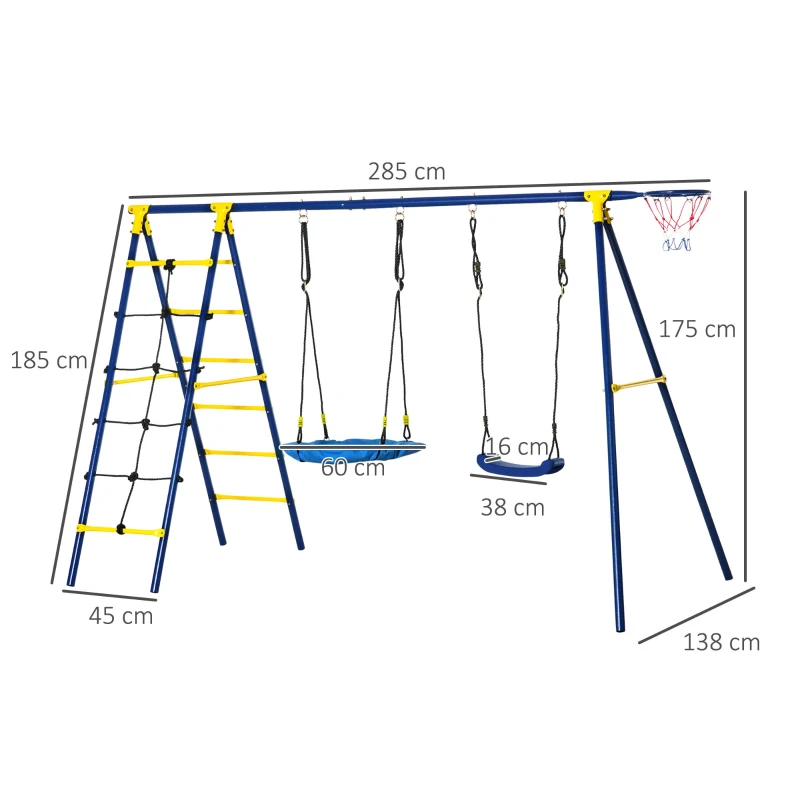 Outsunny huśtawka dziecięca huśtawka ogrodowa z metalową ramą huśtawka z siatki huśtawka na stelażu zestaw huśtawek huśtawka podwójna z drabinką wspinaczkową dla maks. 4 dzieci w wieku 3-10 lat 285 x 138 x 175 cm | Aosom