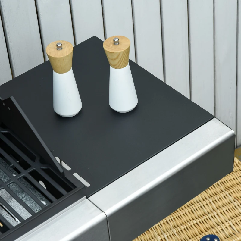 Outsunny Barbecue a Gás com Rodas Barbecue 4+1 Queimadores 3KW e Mesa Lateral Armário de Armazenamento Aço Inoxidável Barbecue a Gás 128x50x113cm Preto e Prata