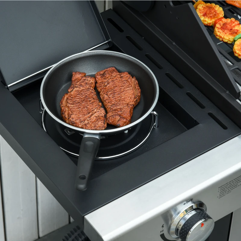 Outsunny Barbecue a Gás com Rodas Barbecue 4+1 Queimadores 3KW e Mesa Lateral Armário de Armazenamento Aço Inoxidável Barbecue a Gás 128x50x113cm Preto e Prata