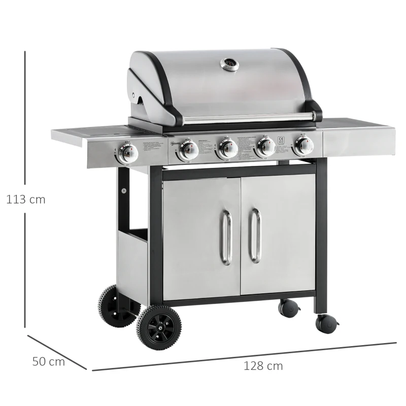 Outsunny Barbecue a Gás com Rodas Barbecue 4+1 Queimadores 3KW e Mesa Lateral Armário de Armazenamento Aço Inoxidável Barbecue a Gás 128x50x113cm Preto e Prata