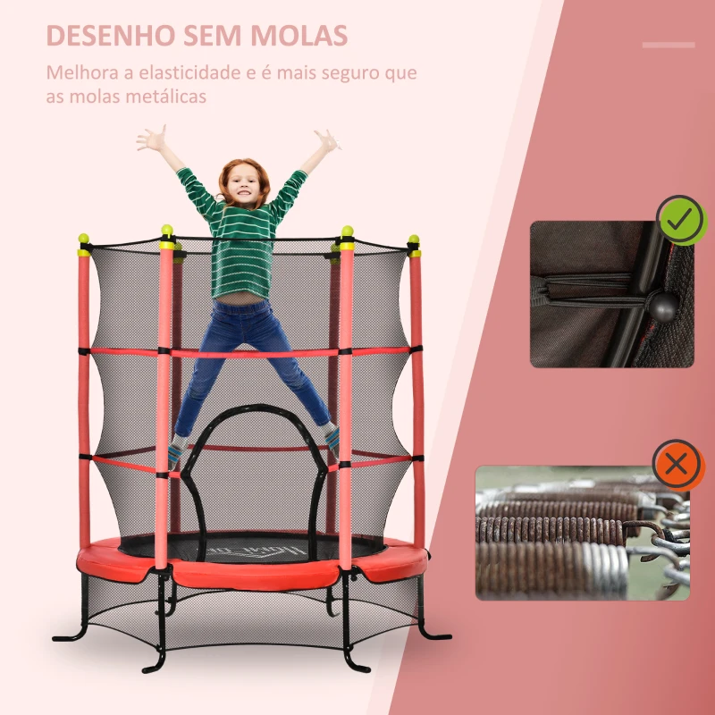 HOMCOM Trampolim para Crianças acima de 3 Anos Cama Elástica Infantil com Rede de Segurança e Estrutura de Aço para Interiores e Exteriores Carga 45kg 163x163x163 cm Vermelho