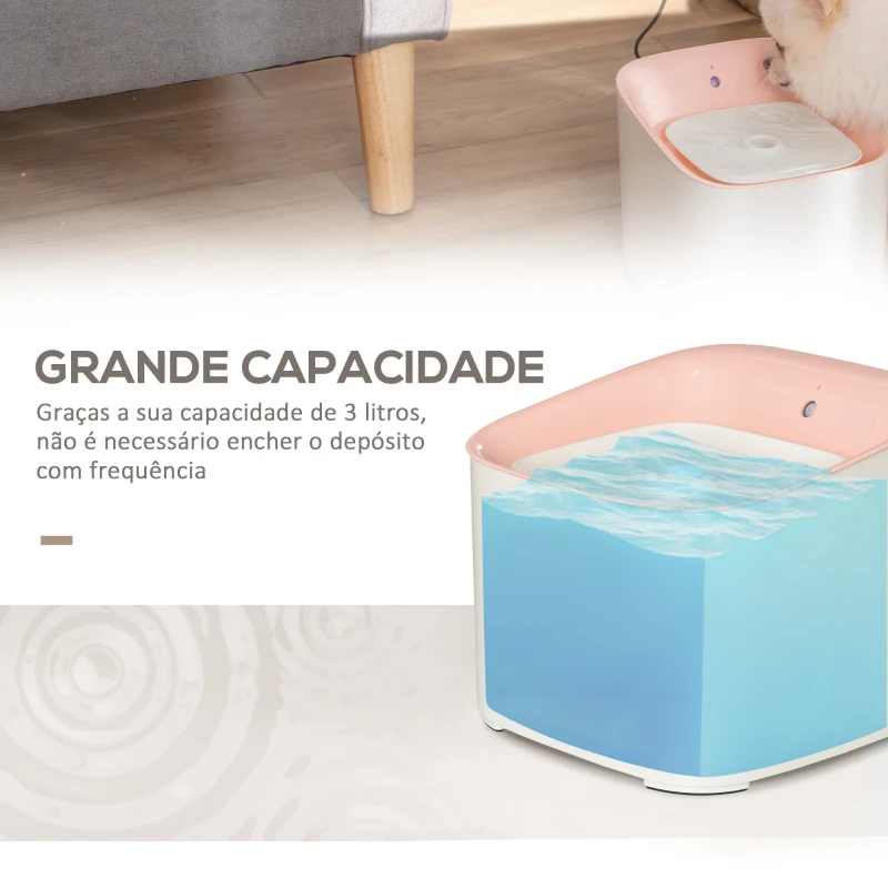 PawHut Dispensador de Água para Gatos 3L Fonte de Água Automática para Cães e Gatos com Sensor Infravermelho 3 Modos e Luz Indicadora LED 21x20x18cm Branco e Rosa