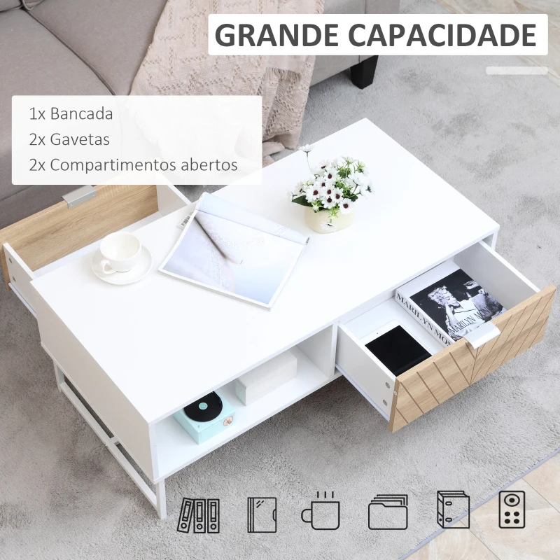 HOMCOM Mesa de Centro com Gaveta Prateleira Aberta e Pés Elevados de Metal Mesa de Café Nordica para Sala de Estar Dormitório 100x50x40cm Branco e Carvalho
