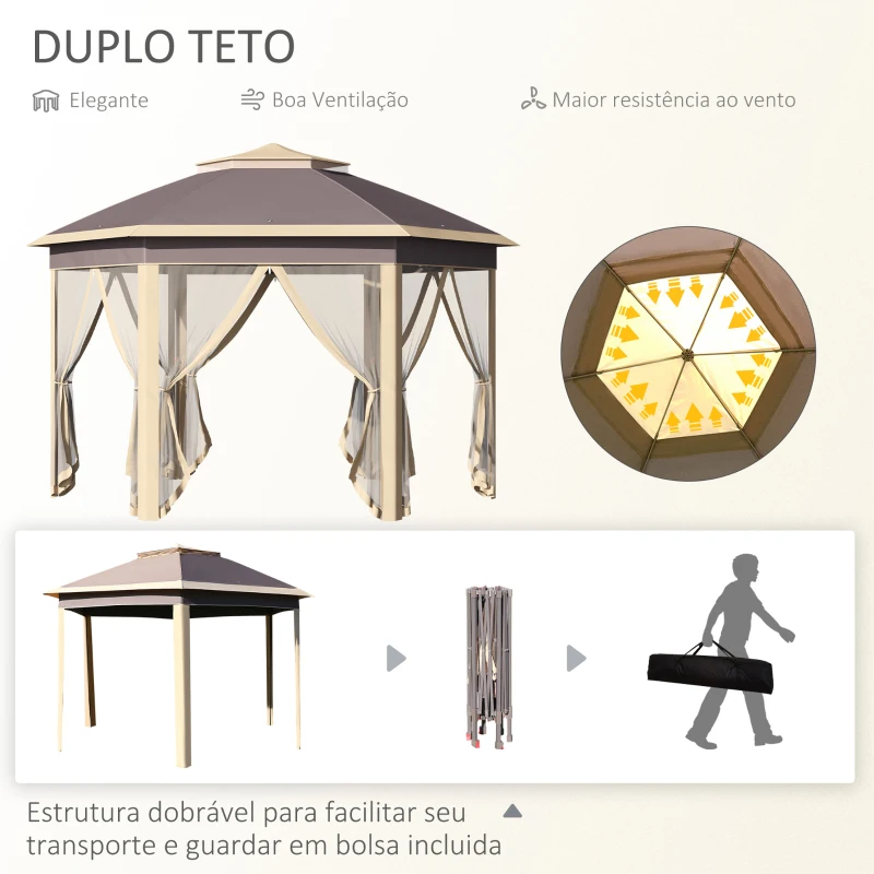 Outsunny Tenda Dobrável Exterior 4,05x3,4x2,85m com Altura Ajustável Pérgola de Jardim Hexagonal com Teto Duplo Mosquiteiras Removíveis e Bolsa de Transporte para Festas Bege