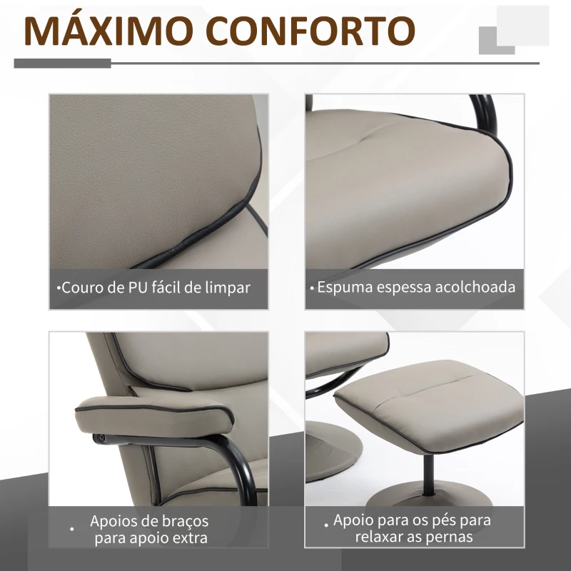 HOMCOM Poltrona Relax com Banco para Apoiar os Pés Poltrona Relax Giratória Reclinável em até 135° Estofada em PU 75x84x100cm Cinza