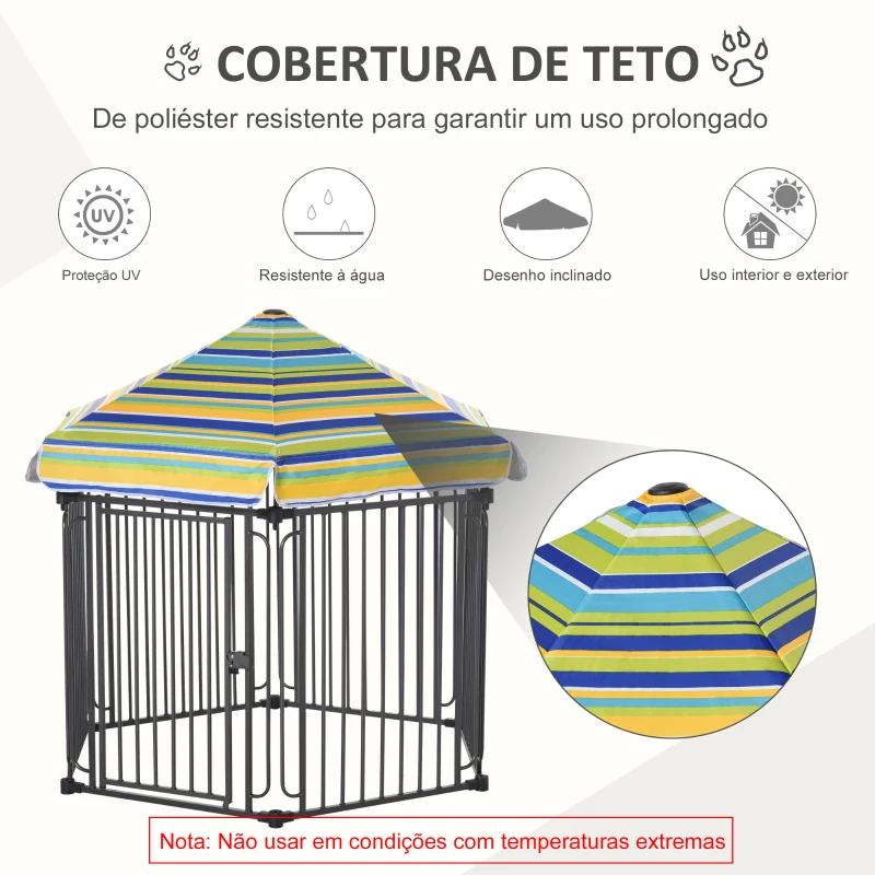 PawHut Parque para Animais de Estimação com 6 Barreiras de Metal 61x76cm Canil Desmontável para Cães com Teto Hexagonal e Porta com Fechadura de Segurança 122x105x119cm Preto e Colorido