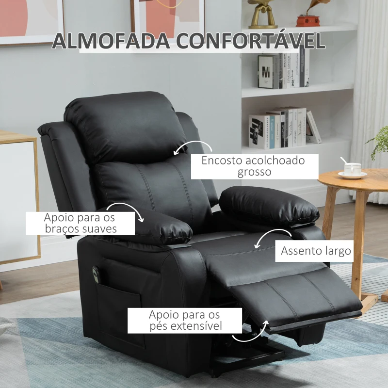 HOMCOM Poltrona Relax Levanta Pessoas com Controle Remoto Reclinação Elétrica de 160° Apoio para os Pés Encosto Estofado em PU e Bolsos Laterais 76x90x105cm Preto