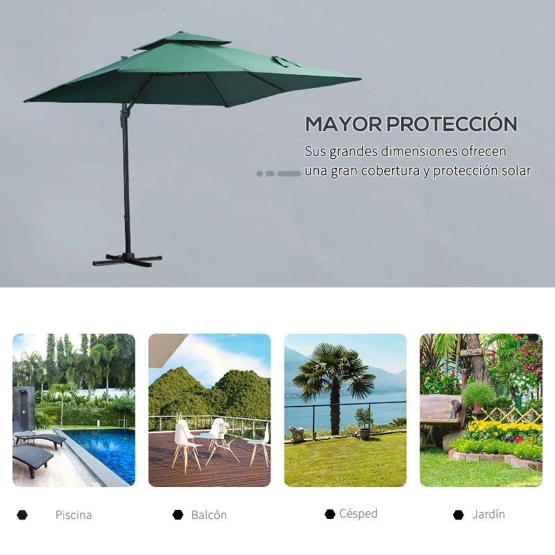 Outsunny Sombrilla de Jardín 300x300 cm Parasol de Aluminio con Manivela Poste Giratorio 360° Doble Techo Inclinable en 6 Posiciones y Base Cruzada Incluida Verde