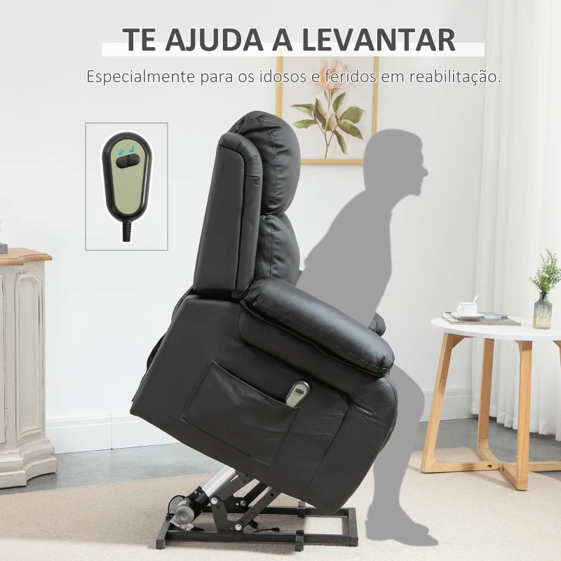 HOMCOM Poltrona Relax Levanta Pessoas com Controle Remoto Reclinação Elétrica de 160° Apoio para os Pés Encosto Estofado em PU e Bolsos Laterais 76x90x105cm Preto