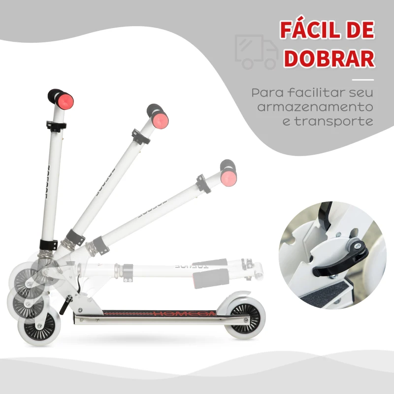 HOMCOM Trotinete para Crianças acima de 3 Anos Dobrável Scooter de 2 Rodas com Guiador Altura Ajustável Freio Posterior e Pedal Antiderrapante Carga 50kg 67,7x34x79,5-89,5cm Branco