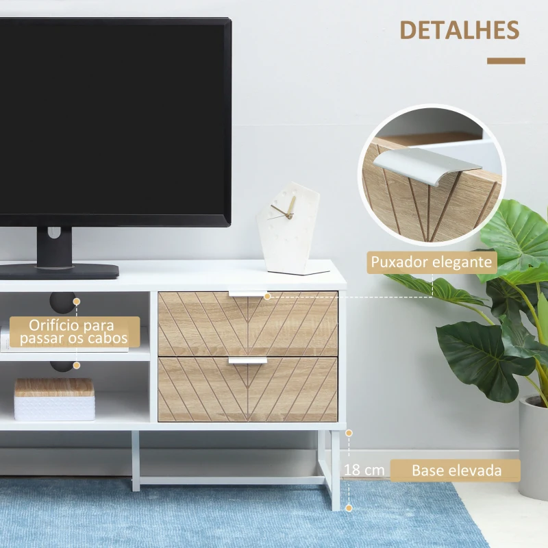 HOMCOM Móvel de TV de até 47 Polegadas Móvel de Sala de Estar Moderno com 4 Gavetas 2 Prateleiras Abertas e Orifício Passa Cabos 120x39x48cm Branco e Carvalho