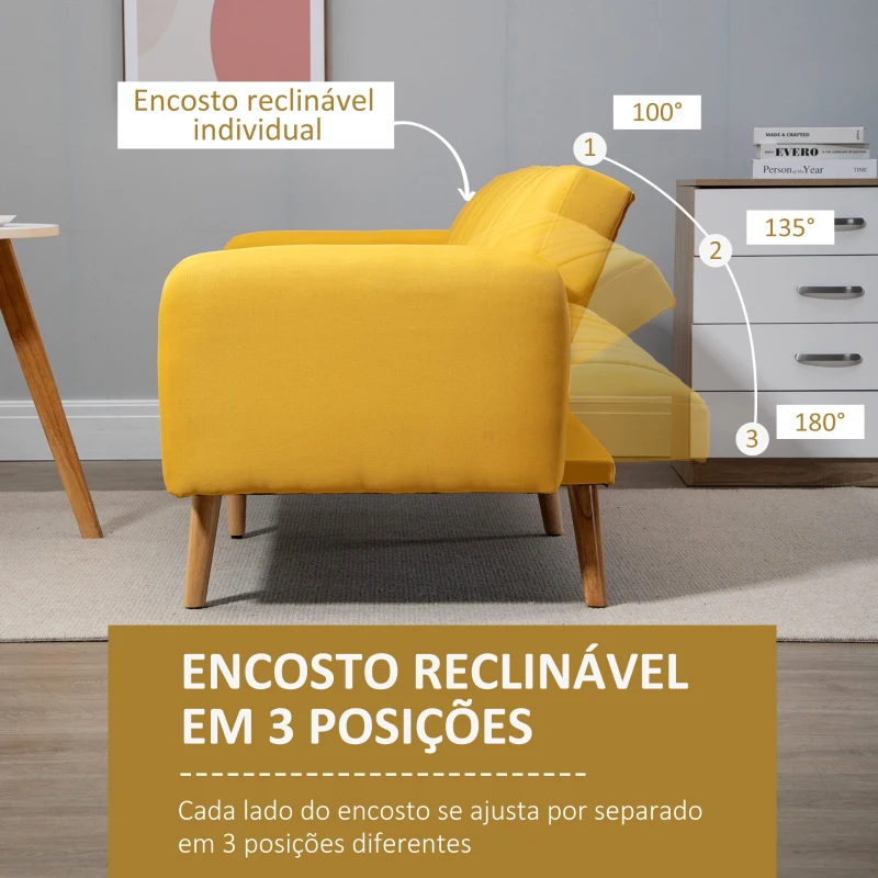 HOMCOM Sofá Cama de 2 Lugares com Encosto Ajustável em 3 Posições Apoio para os Braços Desmontável e Pés de Madeira Sofá Duplo Moderno para Sala de Estar Escritório 173x75x73cm Amarelo