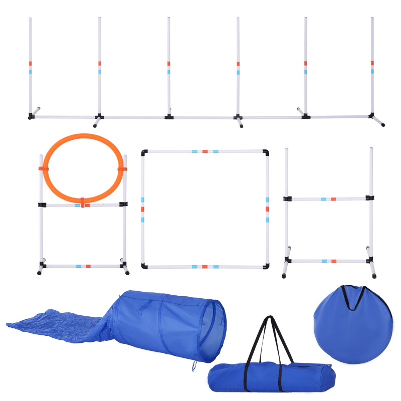 PawHut Set de Entrenamiento de Agilidad para Perros con Ø60x300 cm Túnel Juego de Salto Obstáculos y Bolsa de Transporte Incluida Blanco y Azul