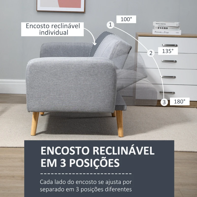 HOMCOM Sofá Cama de 2 Lugares com Encosto Ajustável em 3 Posições Apoio para os Braços Desmontável e Pés de Madeira Sofá Duplo Moderno para Sala de Estar Escritório 173x75x73cm Cinza