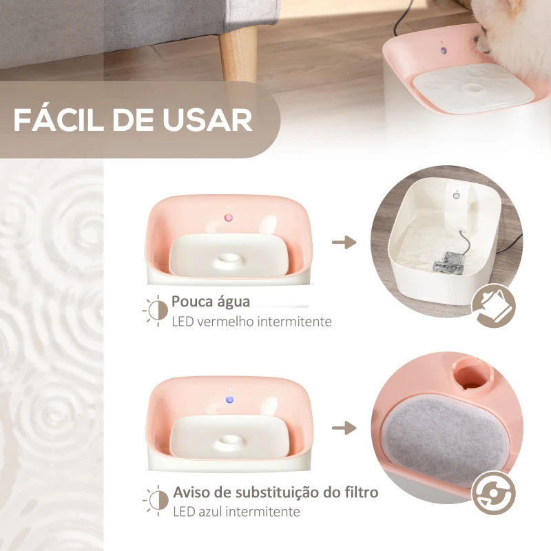 PawHut Dispensador de Água para Gatos 3L Fonte de Água Automática para Cães e Gatos com Sensor Infravermelho 3 Modos e Luz Indicadora LED 21x20x18cm Branco e Rosa